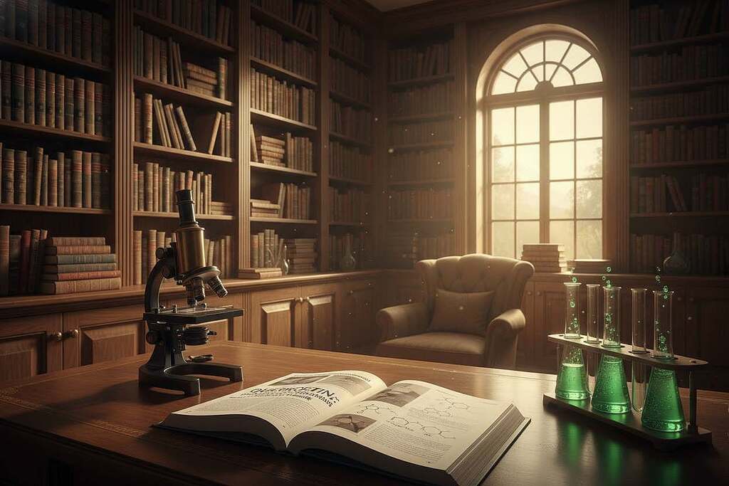 A scholarly setting featuring a wooden desk with an open scientific journal displaying studies on Quercetin as an antioxidant. In the foreground, a microscope and test tubes filled with vibrant green liquid symbolize research efforts. The middle layer includes a large wall bookshelf filled with scholarly books on nutrition and biochemistry. The background features a window with soft natural lighting to create an inviting atmosphere, highlighting the importance of scientific inquiry. The color palette is warm and earthy, evoking a sense of curiosity and discovery. The scene should feel professional and engaging, inviting the viewer to explore the complexities of clinical evidence versus theoretical concepts in antioxidant research. A scholarly setting featuring a wooden desk with an open scientific journal displaying studies on Quercetin as an antioxidant. In the foreground, a microscope and test tubes filled with vibrant green liquid symbolize research efforts. The middle layer includes a large wall bookshelf filled with scholarly books on nutrition and biochemistry. The background features a window with soft natural lighting to create an inviting atmosphere, highlighting the importance of scientific inquiry. The color palette is warm and earthy, evoking a sense of curiosity and discovery. The scene should feel professional and engaging, inviting the viewer to explore the complexities of clinical evidence versus theoretical concepts in antioxidant research.