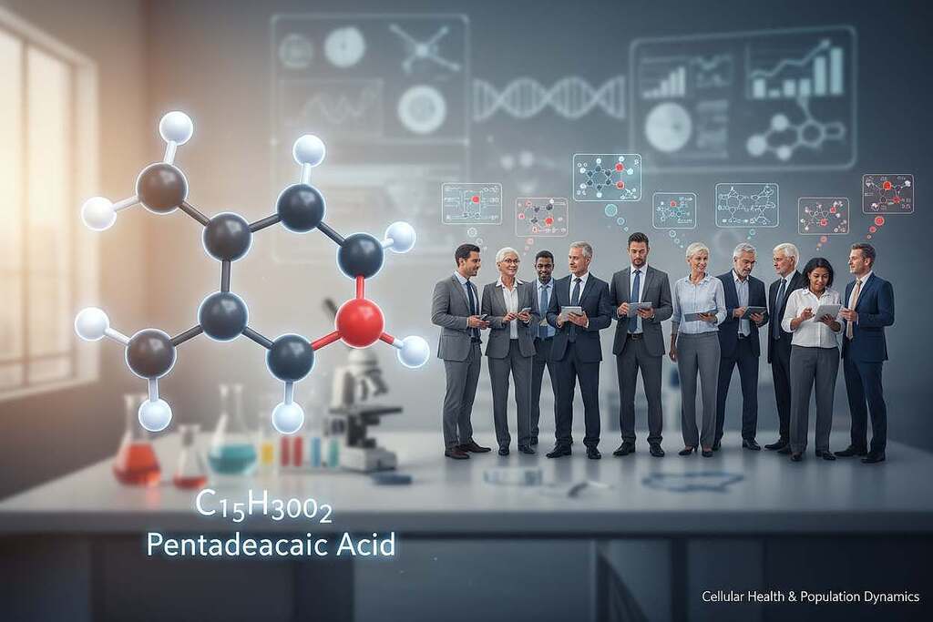 A scientific illustration showcasing pentadecanoic acid (C15) and its role in population variability. In the foreground, a molecular structure of pentadecanoic acid is depicted in vivid detail, with atoms highlighted in bright colors. In the middle ground, a diverse group of people in professional business attire are interacting, symbolizing varied health responses and lifestyles affected by pentadecanoic acid. In the background, a soft-focus view of a lab or research setting conveys an atmosphere of scientific inquiry and discovery. Natural lighting enhances the clarity of the molecular structure, and a shallow depth of field draws focus to the foreground while keeping the human figures slightly blurred. Overall, the image should evoke a sense of exploration and innovation in cellular health and population dynamics.