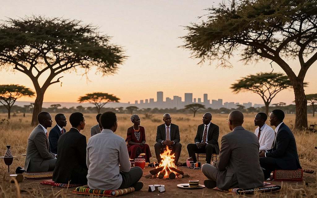 A serene African landscape at dawn, symbolizing the essence of "Ubuntu" and African humanism. In the foreground, a diverse group of people dressed in professional business attire, engaging in a collaborative discussion, representing unity and community. In the middle ground, there’s a communal setting with traditional African elements like handmade crafts and a small fire, symbolizing warmth and connection. The background features acacia trees against a golden sky, enhancing the peaceful atmosphere. The lighting is soft, casting a warm glow over the scene, creating a feeling of harmony and cooperation. The composition is framed from a low angle, emphasizing the significance of community in contrast to a distant Western skyline, representing modernity and individualism. A serene African landscape at dawn, symbolizing the essence of "Ubuntu" and African humanism. In the foreground, a diverse group of people dressed in professional business attire, engaging in a collaborative discussion, representing unity and community. In the middle ground, there’s a communal setting with traditional African elements like handmade crafts and a small fire, symbolizing warmth and connection. The background features acacia trees against a golden sky, enhancing the peaceful atmosphere. The lighting is soft, casting a warm glow over the scene, creating a feeling of harmony and cooperation. The composition is framed from a low angle, emphasizing the significance of community in contrast to a distant Western skyline, representing modernity and individualism.
