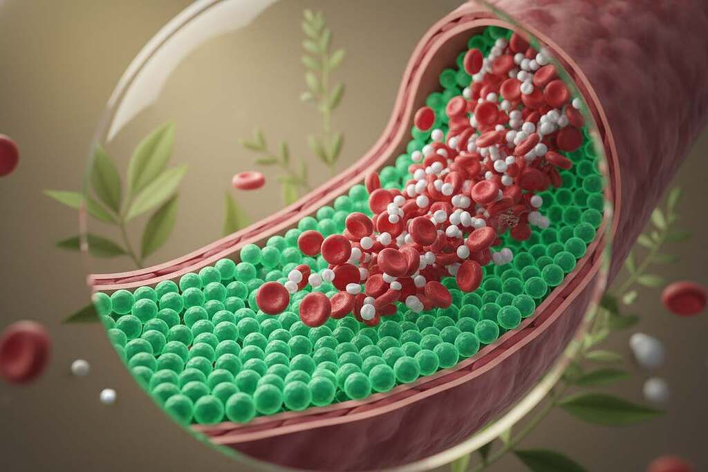 A serene and informative medical illustration featuring a detailed cross-section of a healthy blood vessel showcasing endothelial cells. In the foreground, highlight the endothelial layer with vibrant green cells and intricate junctions, representing vascular protection. The middle ground should include flowing blood cells depicted in a dynamic burst of red and white, illustrating improved blood flow and health. In the background, incorporate soft-focus representations of natural elements, like green leaves or herbs, symbolizing the natural sources of Quercetin. The lighting should be soft and warm, creating a calm and educational atmosphere, as if viewed through a macro lens at a 45-degree angle to emphasize depth and detail without overwhelming the viewer. No text or annotations should be present. A serene and informative medical illustration featuring a detailed cross-section of a healthy blood vessel showcasing endothelial cells. In the foreground, highlight the endothelial layer with vibrant green cells and intricate junctions, representing vascular protection. The middle ground should include flowing blood cells depicted in a dynamic burst of red and white, illustrating improved blood flow and health. In the background, incorporate soft-focus representations of natural elements, like green leaves or herbs, symbolizing the natural sources of Quercetin. The lighting should be soft and warm, creating a calm and educational atmosphere, as if viewed through a macro lens at a 45-degree angle to emphasize depth and detail without overwhelming the viewer. No text or annotations should be present.