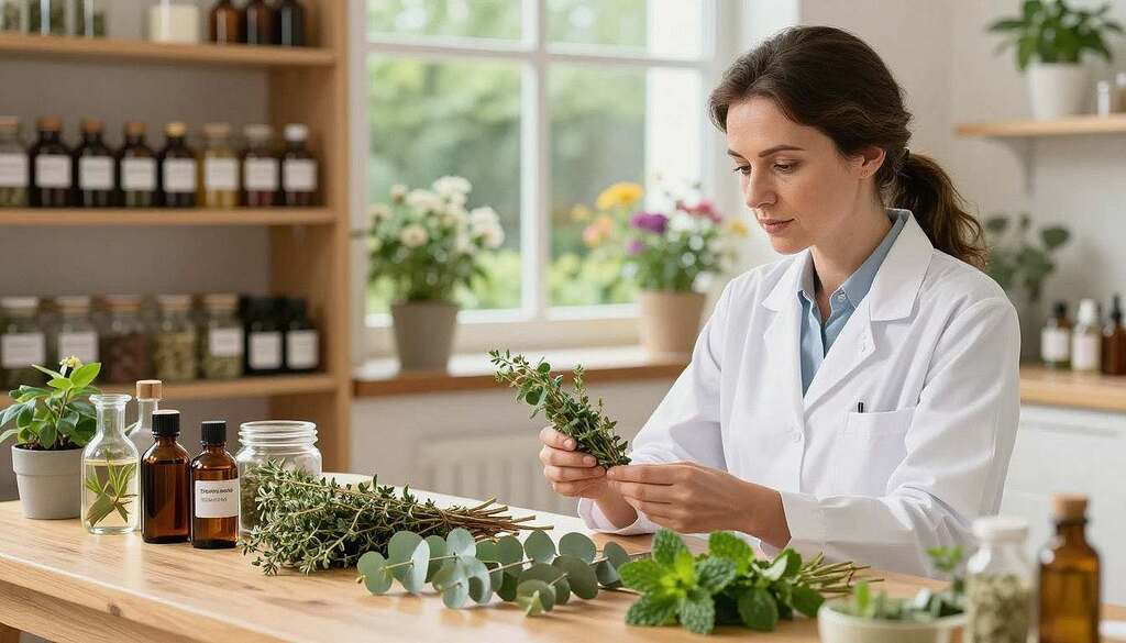 A serene and inviting herbal medicine scene showcasing phytotherapy for respiratory conditions. In the foreground, a well-dressed European woman in a lab coat examines a selection of fresh herbs like thyme, eucalyptus, and peppermint on a wooden table. In the middle ground, shelves filled with neatly labeled jars of herbal remedies and tinctures, creating a warm, organized feel. In the background, soft natural light filters through a large window, illuminating a garden view with blooming plants that suggest healing and vitality. The atmosphere is calming, reflecting a holistic approach to health, with a hint of professionalism and warmth in the color palette. A shallow depth of field blurs the background slightly to emphasize the foreground herbs.