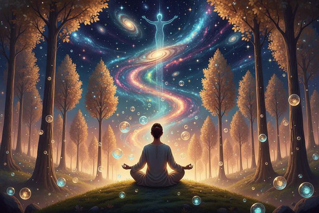 A serene and mystical landscape depicting spiritual perspectives on consciousness and divine energy. In the foreground, a person dressed in modest casual clothing sits in a meditative pose on a soft, grassy hill, surrounded by glowing orbs of light symbolizing energy and awareness. The middle ground features ethereal trees with shimmering leaves, casting a gentle dappled light. In the background, a vast, starry sky filled with swirling galaxies and vibrant colors creates a sense of the cosmos, representing the infinite. The composition is bathed in a soft, warm light, enhancing the tranquil atmosphere. Capture this scene with a wide-angle lens to emphasize depth and harmony, evoking feelings of peace and enlightenment.