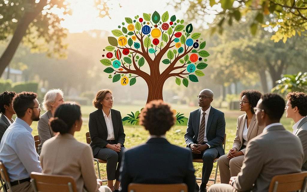 A serene and warm scene representing Ubuntu and Restorative Justice. In the foreground, a diverse group of people, dressed in professional business attire, are engaged in a supportive dialogue circle, emphasizing connection and understanding. Their faces convey empathy and openness, reflecting the principles of Ubuntu. In the middle, a vibrant tree symbolizing community and growth stands tall, its branches intertwined with various cultural symbols representing unity. The background features soft, diffused sunlight filtering through leaves, creating a peaceful atmosphere. Capture this scene with a medium shot at eye level, using natural lighting to enhance the warmth and intimacy of the gathering. The overall mood should be hopeful, collaborative, and reflective of a shared journey towards healing. A serene and warm scene representing Ubuntu and Restorative Justice. In the foreground, a diverse group of people, dressed in professional business attire, are engaged in a supportive dialogue circle, emphasizing connection and understanding. Their faces convey empathy and openness, reflecting the principles of Ubuntu. In the middle, a vibrant tree symbolizing community and growth stands tall, its branches intertwined with various cultural symbols representing unity. The background features soft, diffused sunlight filtering through leaves, creating a peaceful atmosphere. Capture this scene with a medium shot at eye level, using natural lighting to enhance the warmth and intimacy of the gathering. The overall mood should be hopeful, collaborative, and reflective of a shared journey towards healing.