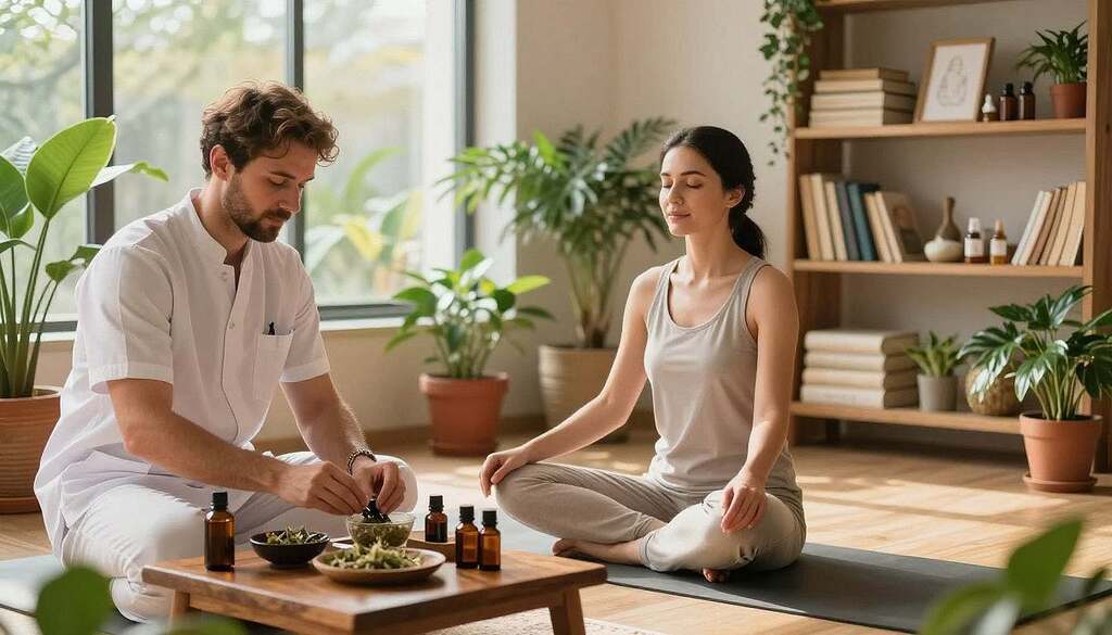 A serene Ayurveda treatment space, featuring a calm and professional atmosphere. In the foreground, a European male practitioner in a white tunic carefully prepares herbal remedies on a wooden table. In the middle, a female patient in modest, comfortable clothing sits cross-legged on a yoga mat, engaging in deep breathing exercises with a calm expression. Surrounding them are vibrant potted plants and Ayurvedic oils, showcasing an array of natural healing elements. Soft, warm light filters through large windows, creating a gentle glow that enhances the tranquil ambiance. In the background, shelves lined with books on holistic medicine and Ayurveda can be seen, emphasizing knowledge and tradition. The overall mood is peaceful and restorative, capturing the essence of holistic medicine and its approach to respiratory health.