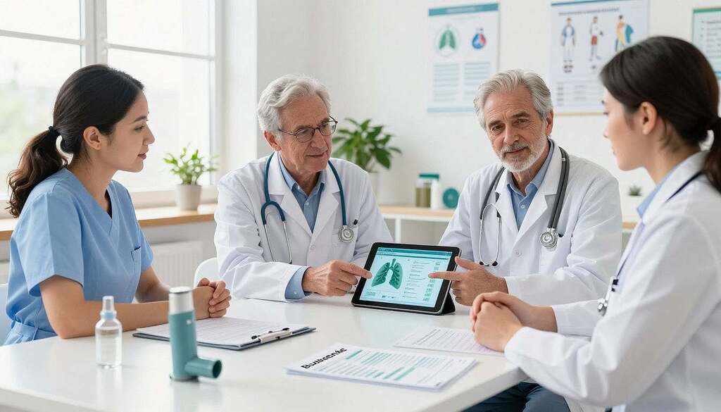A serene clinical setting illustrating asthma and COPD therapy with Budesonide, featuring a diverse group of European healthcare professionals in professional attire, discussing treatment protocols. In the foreground, a detailed view of a Budesonide inhaler and informational materials spread out on a clean desk. The middle ground shows two doctors engaged in a conversation, one pointing to a digital tablet displaying respiratory health data. In the background, a bright and airy treatment room with plants, medical charts on the walls, and soft diffused natural light streaming through large windows. The mood is collaborative and hopeful, conveying a sense of innovation in respiratory therapies. Focused composition with a slight depth of field to emphasize the subjects.