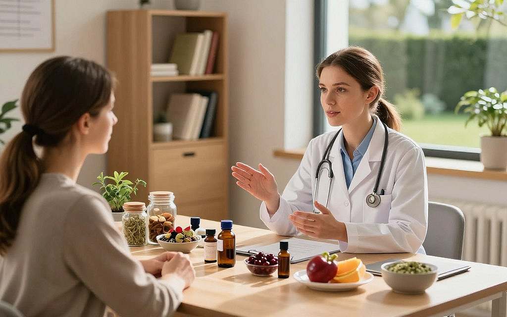 A serene consultation scene in a well-lit, modern office. In the foreground, a European health practitioner, dressed in professional attire, discusses heart health with a patient seated across the table. The patient, also of European descent, appears engaged and curious. In the middle ground, a variety of natural remedies including herbs, essential oils, and heart-healthy foods are displayed prominently on the table, symbolizing holistic approaches to heart protection. In the background, a bookshelf filled with health literature and a window showcasing a calming garden view enhances the atmosphere of wellness. Soft, warm lighting casts gentle shadows, creating an inviting and informative ambiance. The composition conveys a sense of hope, health, and the importance of natural solutions for heart care. A serene consultation scene in a well-lit, modern office. In the foreground, a European health practitioner, dressed in professional attire, discusses heart health with a patient seated across the table. The patient, also of European descent, appears engaged and curious. In the middle ground, a variety of natural remedies including herbs, essential oils, and heart-healthy foods are displayed prominently on the table, symbolizing holistic approaches to heart protection. In the background, a bookshelf filled with health literature and a window showcasing a calming garden view enhances the atmosphere of wellness. Soft, warm lighting casts gentle shadows, creating an inviting and informative ambiance. The composition conveys a sense of hope, health, and the importance of natural solutions for heart care.