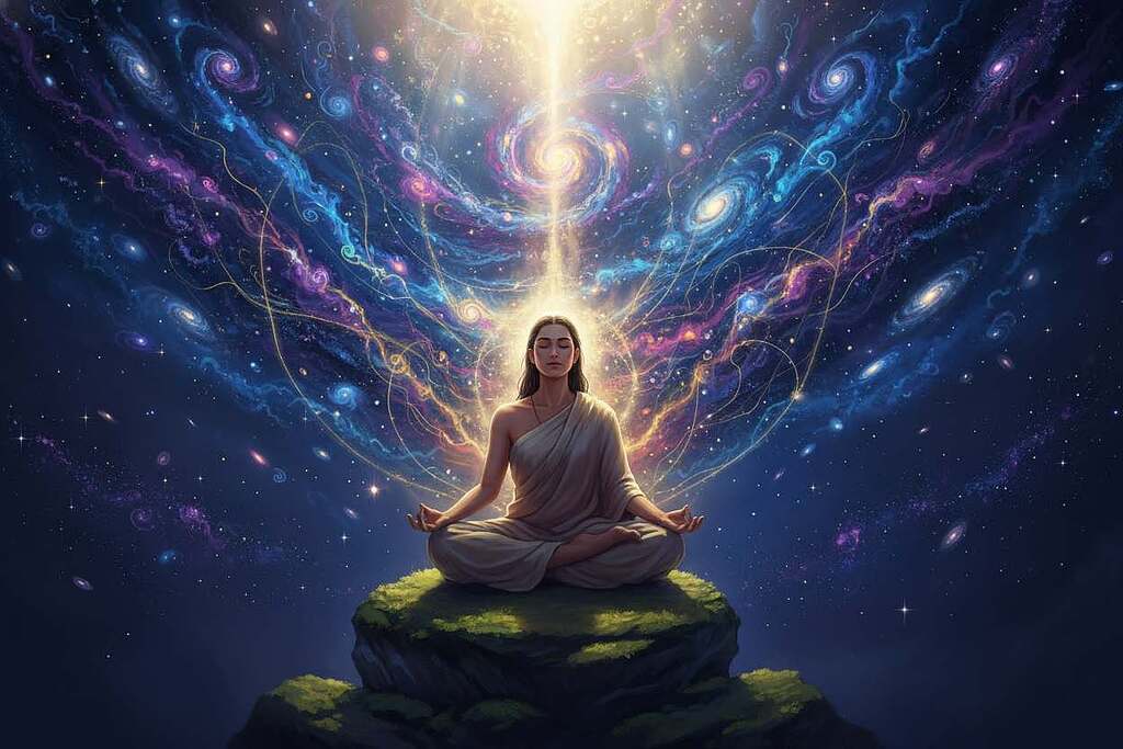 A serene depiction illustrating the concepts of Brahman and Atman in Hinduism. In the foreground, a meditative figure in modest attire sits cross-legged, eyes closed, radiating tranquility. The middle ground features a swirling cosmic background, symbolizing the interconnectedness of all life, with vibrant colors like deep blues, purples, and golds. Ethereal light streams from above, illuminating the figure and creating a sense of divine presence. In the background, celestial elements like stars and galaxies represent the vastness of Brahman. The atmosphere is calm and introspective, invoking a sense of spirituality and oneness. Soft, diffuse lighting enhances the dreamlike quality of the scene, captured with a wide-angle lens to emphasize the expansive cosmic backdrop.
