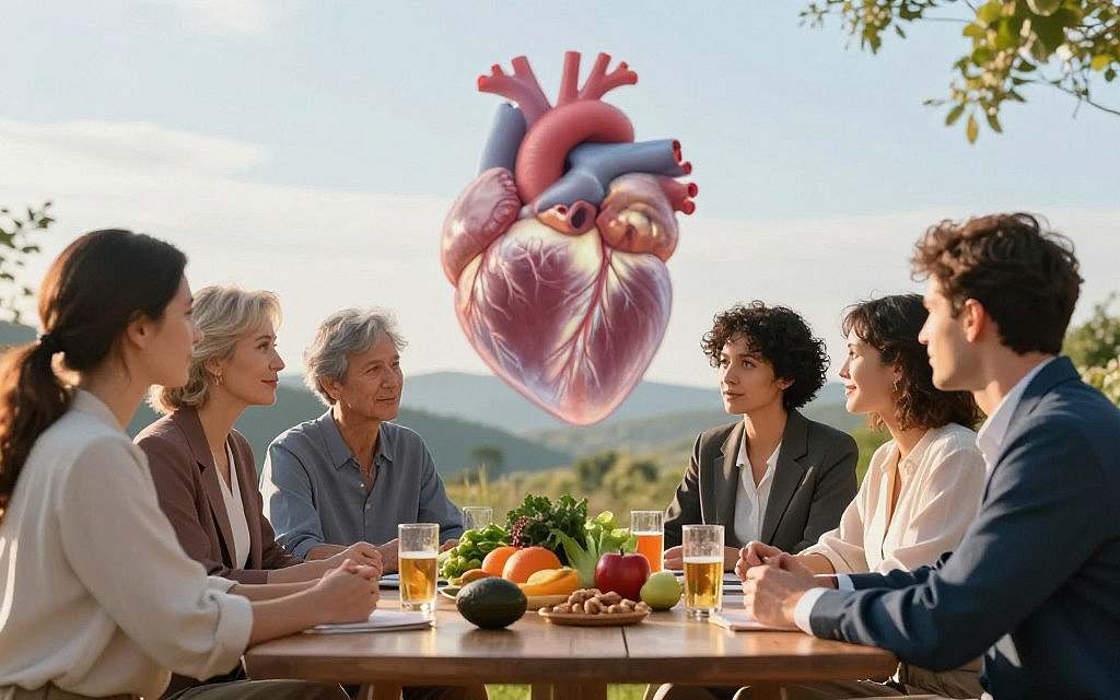 A serene, holistic scene illustrating heart health and inflammation reduction. In the foreground, a diverse group of European professionals dressed in smart casual attire are engaging in a friendly discussion around a small table adorned with heart-healthy foods, like avocados, nuts, and colorful vegetables. In the middle of the image, a soft-focus representation of the human heart subtly illuminated, surrounded by greenery, suggesting vitality and life. The background features a tranquil landscape with gentle hills and a clear blue sky, conveying a sense of calm and well-being. The lighting is warm and natural, as if during the golden hour, casting a soft glow over the scene. The atmosphere is one of collaboration, harmony, and a commitment to holistic health practices. A serene, holistic scene illustrating heart health and inflammation reduction. In the foreground, a diverse group of European professionals dressed in smart casual attire are engaging in a friendly discussion around a small table adorned with heart-healthy foods, like avocados, nuts, and colorful vegetables. In the middle of the image, a soft-focus representation of the human heart subtly illuminated, surrounded by greenery, suggesting vitality and life. The background features a tranquil landscape with gentle hills and a clear blue sky, conveying a sense of calm and well-being. The lighting is warm and natural, as if during the golden hour, casting a soft glow over the scene. The atmosphere is one of collaboration, harmony, and a commitment to holistic health practices.