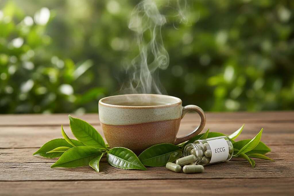 A serene, inviting scene showcasing a cup of steaming green tea, highlighted on a rustic wooden table. In the foreground, the tea cup is surrounded by vibrant green tea leaves and a small bottle containing EGCG capsules, creating a natural, health-focused ambiance. The middle ground features a softly blurred background of lush greenery, symbolizing vitality and well-being. Natural sunlight filters through, casting warm, dappled light on the scene, enhancing the freshness of the tea and leaves. The overall mood is calming and rejuvenating, conveying the essence of nature's support for health. Use a shallow depth of field to emphasize the tea and EGCG seamlessly, ensuring a clean and professional aesthetic.