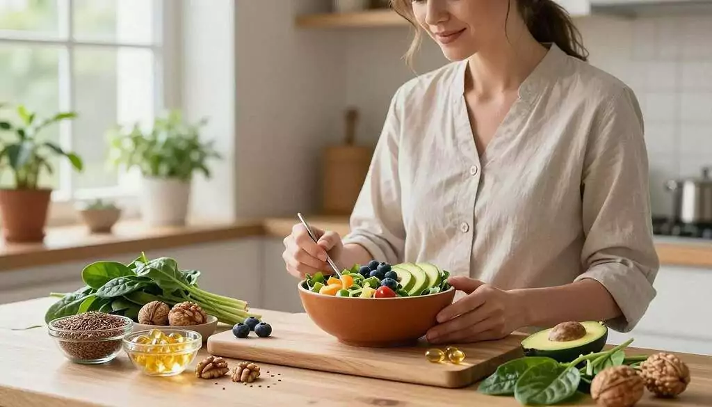 A serene kitchen scene featuring a European woman in professional attire, thoughtfully preparing a healthy meal rich in Omega-3 fatty acids and antioxidants. In the foreground, a vibrant display of ingredients like flaxseeds, walnuts, and spinach, artistically arranged around a wooden cutting board. In the middle ground, a warm-toned bowl filled with a colorful salad topped with slices of avocado and a sprinkle of blueberries. In the background, natural light streams in through a window, illuminating herbs hanging in pots and showcasing a peaceful, homey atmosphere. The overall mood is calm and nurturing, emphasizing the importance of nutrition in respiratory health and therapy. Use soft, diffused lighting to create an inviting ambiance.