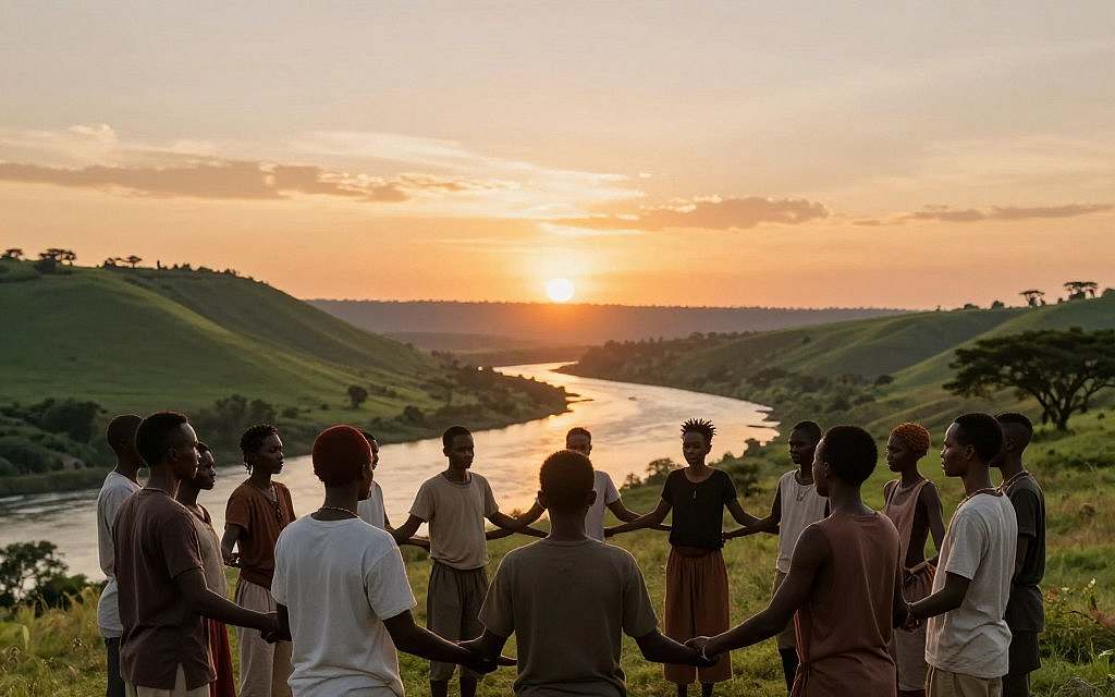 A serene landscape depicting the concept of Ubuntu and spirituality. In the foreground, a diverse group of people dressed in modest casual attire, standing together in a circle, their hands joined, symbolizing unity and shared humanity. In the middle ground, lush green hills and a calm river flowing peacefully, symbolizing the interconnectedness of life. The background features a vibrant sunset, casting warm golden and orange hues across the sky, creating a tranquil and uplifting atmosphere. Soft, diffused lighting enhances the sense of harmony and spirituality in the scene. The focus is on the faces of the participants, reflecting a deep sense of peace and connection with one another and the natural surroundings. A serene landscape depicting the concept of Ubuntu and spirituality. In the foreground, a diverse group of people dressed in modest casual attire, standing together in a circle, their hands joined, symbolizing unity and shared humanity. In the middle ground, lush green hills and a calm river flowing peacefully, symbolizing the interconnectedness of life. The background features a vibrant sunset, casting warm golden and orange hues across the sky, creating a tranquil and uplifting atmosphere. Soft, diffused lighting enhances the sense of harmony and spirituality in the scene. The focus is on the faces of the participants, reflecting a deep sense of peace and connection with one another and the natural surroundings.