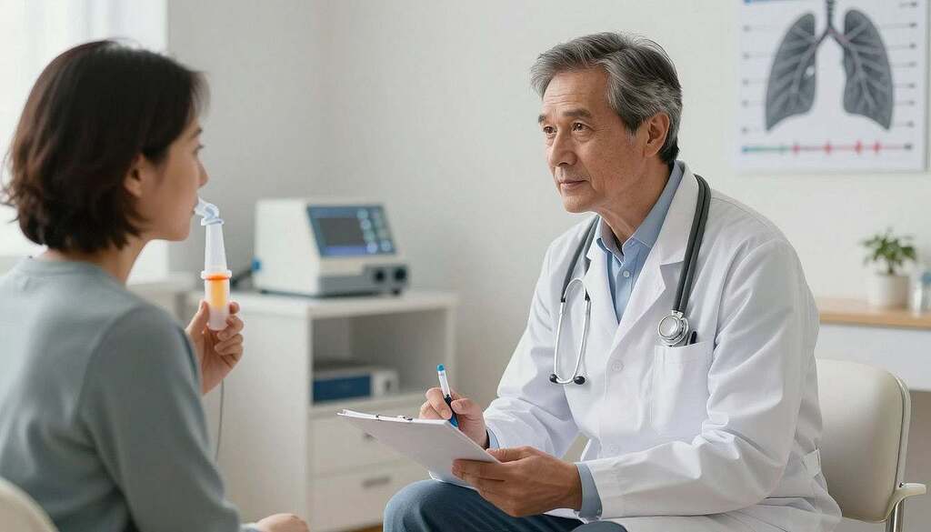 A serene medical consultation scene focusing on long-term therapy and patient adherence to respiratory treatments. In the foreground, a middle-aged European healthcare professional, dressed in a smart white coat, is attentively discussing a treatment plan with a patient, who is casually dressed and appears engaged. The background features a well-organized clinic with respiratory therapy equipment and charts displaying lung health statistics. Soft, diffused lighting illuminates the space, creating a calm and reassuring atmosphere. The lens captures a slight depth of field, blurring the background to emphasize the interaction. The overall mood is one of professionalism, trust, and hope for effective long-term respiratory care.