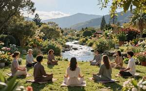A serene, meditative scene illustrating "Meditation and Mindfulness" in a tranquil environment. In the foreground, a diverse group of individuals in modest, casual attire are engaged in meditation, seated in a garden surrounded by lush greenery and blooming flowers. In the middle ground, a gently flowing river reflects the sunlight, creating mesmerizing ripples that enhance the calm atmosphere. The background features soft, distant mountains under a clear blue sky, symbolizing tranquility and peace. Warm, soft lighting bathes the scene, casting gentle shadows, and creating a serene mood. The camera angle is slightly elevated, providing a panoramic view of this peaceful setting, inviting viewers to feel the stillness and the positive energy derived from mindfulness practices.