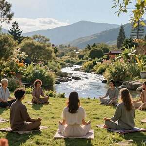 A serene, meditative scene illustrating "Meditation and Mindfulness" in a tranquil environment. In the foreground, a diverse group of individuals in modest, casual attire are engaged in meditation, seated in a garden surrounded by lush greenery and blooming flowers. In the middle ground, a gently flowing river reflects the sunlight, creating mesmerizing ripples that enhance the calm atmosphere. The background features soft, distant mountains under a clear blue sky, symbolizing tranquility and peace. Warm, soft lighting bathes the scene, casting gentle shadows, and creating a serene mood. The camera angle is slightly elevated, providing a panoramic view of this peaceful setting, inviting viewers to feel the stillness and the positive energy derived from mindfulness practices.