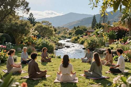 A serene, meditative scene illustrating "Meditation and Mindfulness" in a tranquil environment. In the foreground, a diverse group of individuals in modest, casual attire are engaged in meditation, seated in a garden surrounded by lush greenery and blooming flowers. In the middle ground, a gently flowing river reflects the sunlight, creating mesmerizing ripples that enhance the calm atmosphere. The background features soft, distant mountains under a clear blue sky, symbolizing tranquility and peace. Warm, soft lighting bathes the scene, casting gentle shadows, and creating a serene mood. The camera angle is slightly elevated, providing a panoramic view of this peaceful setting, inviting viewers to feel the stillness and the positive energy derived from mindfulness practices.