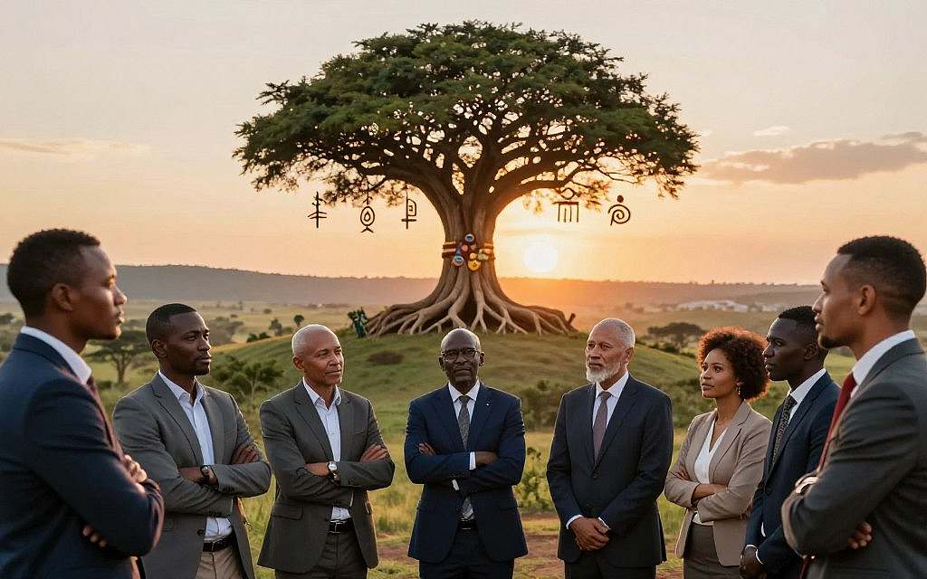 A serene representation of Ubuntu as a political philosophy. In the foreground, a diverse group of individuals from different cultures and backgrounds stand together, dressed in professional business attire, symbolizing unity and collective strength. They are engaged in a thoughtful discussion, with expressions of contemplation and respect. In the middle ground, there are traditional African symbols, such as a large, intricate tree with deep roots, representing community and interconnectedness. The background features a vibrant landscape, including rolling hills and a sunset that casts a warm glow, enhancing the atmosphere of hope and collaboration. The lighting is soft and inviting, while the angle captures the subjects from a slightly elevated perspective, conveying an overarching sense of harmony and purpose. The mood is uplifting and empowering, emphasizing the essence of Ubuntu. A serene representation of Ubuntu as a political philosophy. In the foreground, a diverse group of individuals from different cultures and backgrounds stand together, dressed in professional business attire, symbolizing unity and collective strength. They are engaged in a thoughtful discussion, with expressions of contemplation and respect. In the middle ground, there are traditional African symbols, such as a large, intricate tree with deep roots, representing community and interconnectedness. The background features a vibrant landscape, including rolling hills and a sunset that casts a warm glow, enhancing the atmosphere of hope and collaboration. The lighting is soft and inviting, while the angle captures the subjects from a slightly elevated perspective, conveying an overarching sense of harmony and purpose. The mood is uplifting and empowering, emphasizing the essence of Ubuntu.