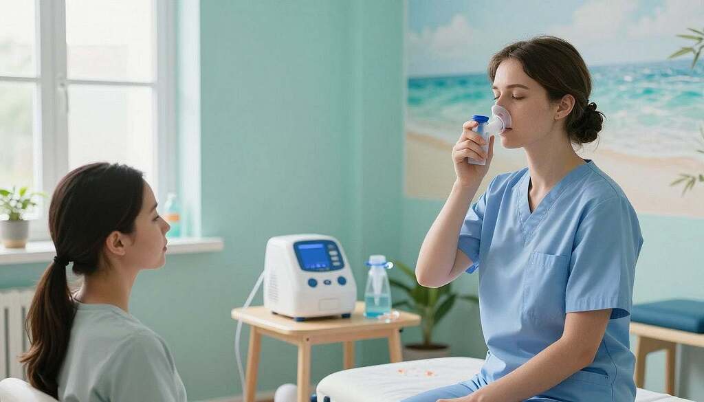 A serene therapy room focused on pulmonary physiotherapy and salt inhalation. In the foreground, a European healthcare professional in professional attire demonstrates a breathing exercise with a patient seated comfortably, both surrounded by calming aqua-colored decor and natural light streaming through large windows. In the middle, various therapeutic equipment like a nebulizer and a salt ionizer are positioned neatly, with subtle hints of salt crystals on a nearby table. The background features a soothing mural of a beach scene, enhancing the atmosphere of relaxation and healing. The image captures a sense of tranquility and professionalism, with soft lighting and a warm ambiance, emphasizing the supportive nature of physical therapies for respiratory health.