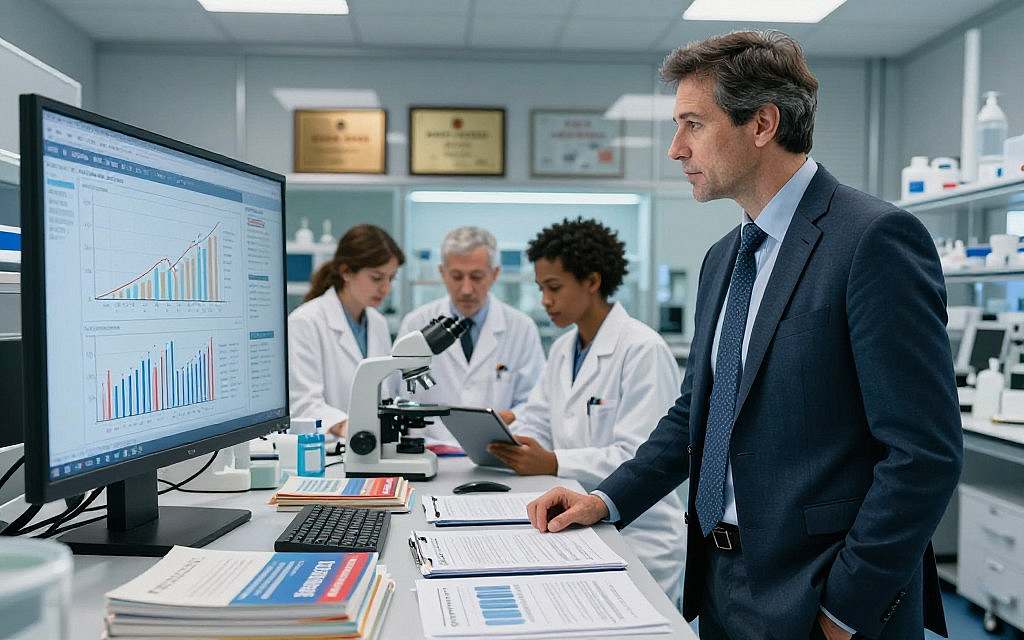 A thoughtful and engaged European male doctor in professional business attire, Dr. Cedric Garland, stands in a modern research laboratory, examining data on a large digital screen displaying graphs and charts related to cholesterol levels. In the foreground, a table filled with medical journals and research papers highlights the discussion of conflicts of interest in medical societies. In the middle ground, researchers collaborate over a microscope and tablet, representing diverse backgrounds. Soft, diffused lighting creates a serious yet hopeful atmosphere, emphasizing ethical concerns in research. The background features glass panels showcasing medical awards and accolades, hinting at the debate over who dictates health norms. The scene captures the essence of medical research integrity, focusing on collaboration and ethical challenges. A thoughtful and engaged European male doctor in professional business attire, Dr. Cedric Garland, stands in a modern research laboratory, examining data on a large digital screen displaying graphs and charts related to cholesterol levels. In the foreground, a table filled with medical journals and research papers highlights the discussion of conflicts of interest in medical societies. In the middle ground, researchers collaborate over a microscope and tablet, representing diverse backgrounds. Soft, diffused lighting creates a serious yet hopeful atmosphere, emphasizing ethical concerns in research. The background features glass panels showcasing medical awards and accolades, hinting at the debate over who dictates health norms. The scene captures the essence of medical research integrity, focusing on collaboration and ethical challenges.