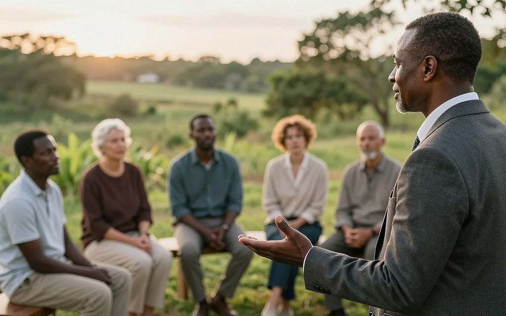 A thoughtful, human figure stands in a serene, natural environment, signifying the essence of "personhood." In the foreground, a middle-aged African male in professional business attire, exuding confidence and warmth, gestures with an open hand, symbolizing community connection. In the middle ground, diverse individuals of various ages and ethnicities engage in a thoughtful discussion, each wearing modest, casual clothing that reflects respect and reflection. The background features a lush landscape, emphasizing harmony with nature, under soft, golden hour lighting that creates an inviting and contemplative atmosphere. The focus is sharp on the human subjects, while the lush greenery blurs slightly, adding depth to the scene. The overall mood is one of unity, dialogue, and philosophical exploration. A thoughtful, human figure stands in a serene, natural environment, signifying the essence of "personhood." In the foreground, a middle-aged African male in professional business attire, exuding confidence and warmth, gestures with an open hand, symbolizing community connection. In the middle ground, diverse individuals of various ages and ethnicities engage in a thoughtful discussion, each wearing modest, casual clothing that reflects respect and reflection. The background features a lush landscape, emphasizing harmony with nature, under soft, golden hour lighting that creates an inviting and contemplative atmosphere. The focus is sharp on the human subjects, while the lush greenery blurs slightly, adding depth to the scene. The overall mood is one of unity, dialogue, and philosophical exploration.