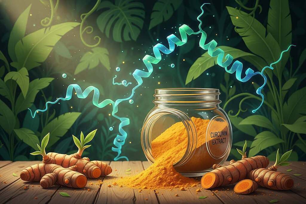 A vibrant and detailed illustration showcasing curcumin derived from turmeric, prominently placed in the foreground as bright yellow-orange powder spilling from an artisan glass jar. Surrounding the jar, delicate turmeric roots are scattered, adding earthy tones. In the middle ground, stylized representations of the p53 protein are visually depicted as complex molecular structures, shimmering with blue and green light to convey vitality. The background features a lush green plant environment, symbolizing health and natural growth, with soft, diffused sunlight filtering through, creating an uplifting atmosphere. The image should be composed with a slight downward angle to focus on the foreground elements, emphasizing the importance of curcumin in supporting cell health. The overall mood is hopeful and enlightening, illustrating the connection between natural remedies and cellular well-being.