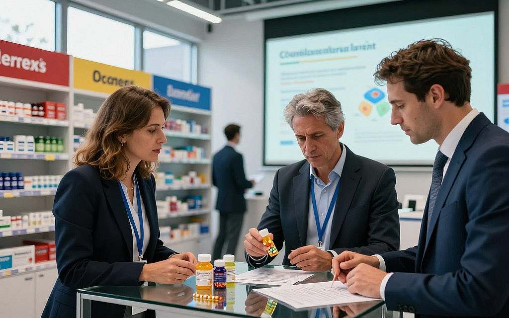 A vibrant and high-contrast image illustrating a bustling pharmaceutical market focused on cholesterol-lowering drugs. In the foreground, a group of three European professionals in business attire are examining colorful pill bottles and medical charts on a glass table, engaged in discussion. In the middle ground, shelves are lined with various medications, bright labels highlighting their names, while a large projection screen displays data and trends about cholesterol levels. The background features a modern office environment with large windows, allowing natural light to filter in, casting soft shadows and creating a dynamic atmosphere. The overall mood is one of intense collaboration and innovation in the pharmaceutical industry, capturing the essence of the multi-billion dollar market. A vibrant and high-contrast image illustrating a bustling pharmaceutical market focused on cholesterol-lowering drugs. In the foreground, a group of three European professionals in business attire are examining colorful pill bottles and medical charts on a glass table, engaged in discussion. In the middle ground, shelves are lined with various medications, bright labels highlighting their names, while a large projection screen displays data and trends about cholesterol levels. The background features a modern office environment with large windows, allowing natural light to filter in, casting soft shadows and creating a dynamic atmosphere. The overall mood is one of intense collaboration and innovation in the pharmaceutical industry, capturing the essence of the multi-billion dollar market.