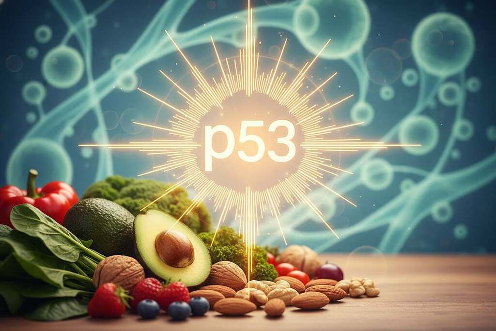 A vibrant and informative illustration depicting metabolic processes related to cancer prevention, focusing on ketogenic diets and fasting. In the foreground, an array of healthy, colorful foods such as avocados, nuts, and leafy greens is artfully arranged. The middle ground features a glowing representation of the p53 gene, symbolizing its activation with dynamic light patterns radiating outward. In the background, abstract representations of cellular processes are subtly woven into a serene, blue-toned environment, suggesting balance and health. Soft, warm lighting casts a hopeful glow over the scene, while a gentle depth of field focuses on the foreground, enhancing clarity. The mood is optimistic and educational, capturing the essence of health and wellness without any textual elements.
