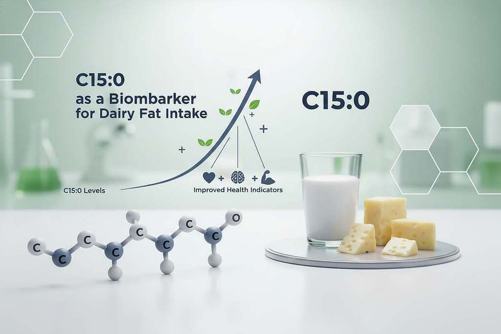 A vibrant and informative scientific illustration depicting "C15:0 as a Biomarker for Dairy Fat Intake." In the foreground, a stylized representation of pentadecanoic acid molecular structure, balanced elegantly with a dairy product such as a glass of milk or chunks of cheese. In the middle ground, an abstract graph showing the correlation between C15:0 levels and health indicators, with arrows and icons for emphasis. The background features soft, blurred light, reminiscent of a laboratory or research setting, accentuated with hints of green and white to symbolize health and purity. The atmosphere should feel modern and professional, evoking a sense of curiosity and discovery in the field of nutritional research. The image must be well-lit, with a focus on clarity and detail.