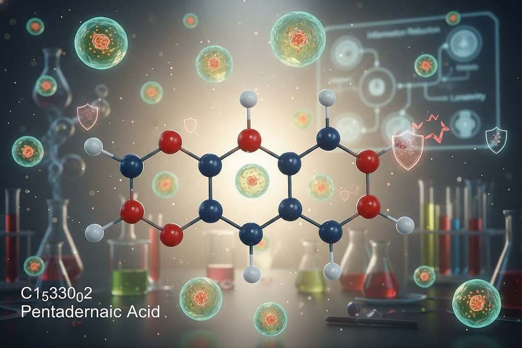 A vibrant and scientific representation of pentadecanoic acid (C15) and its role in cell health. In the foreground, feature a molecular structure of pentadecanoic acid, beautifully rendered with intricate details and labels for clarity. Surround it with colorful representations of healthy human cells, showcasing their vitality and resilience. In the middle ground, display soft, diffused light illuminating the scene, creating a warm atmosphere that symbolizes wellness. The background should consist of a blurred lab environment, with beakers and scientific instruments suggesting research on inflammation and longevity. The overall mood should evoke a sense of optimism and discovery, focusing on the potential of pentadecanoic acid in promoting health and reducing inflammation.