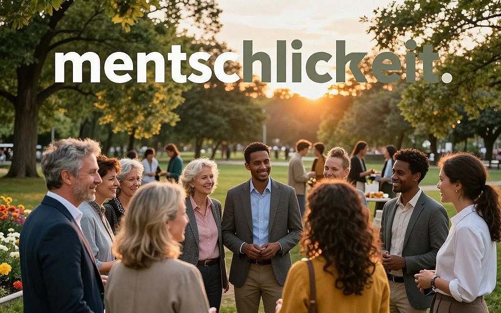 A vibrant, harmonious community scene depicting the essence of "menschlichkeit." In the foreground, a diverse group of individuals, including men and women of varying ages and ethnicities, are interacting warmly, sharing smiles and gestures of support, dressed in professional business attire and modest casual clothing. In the middle ground, a lush park is filled with trees and flowers, symbolizing growth and unity, while people engage in collaborative activities, such as group discussions and shared meals. In the background, a beautiful sunset casts a warm golden light over the scene, enhancing a feeling of togetherness and hope. The mood is uplifting and reflective, inviting viewers to consider the importance of community, humanity, and interconnectedness. A vibrant, harmonious community scene depicting the essence of "menschlichkeit." In the foreground, a diverse group of individuals, including men and women of varying ages and ethnicities, are interacting warmly, sharing smiles and gestures of support, dressed in professional business attire and modest casual clothing. In the middle ground, a lush park is filled with trees and flowers, symbolizing growth and unity, while people engage in collaborative activities, such as group discussions and shared meals. In the background, a beautiful sunset casts a warm golden light over the scene, enhancing a feeling of togetherness and hope. The mood is uplifting and reflective, inviting viewers to consider the importance of community, humanity, and interconnectedness.