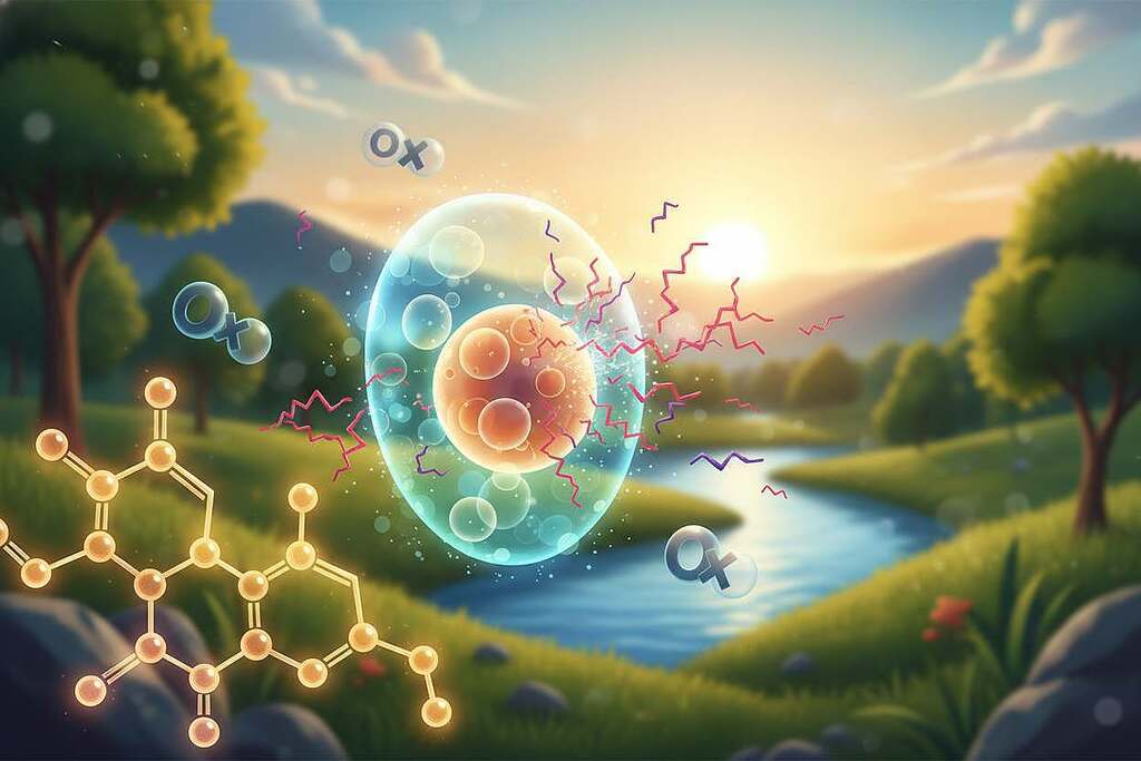 A vibrant illustration showcasing the antioxidative mechanisms of quercetin, emphasizing its role in cellular protection against oxidative stress. In the foreground, display a close-up view of quercetin molecules, intricately detailed with a shimmering effect that highlights their antioxidant properties. In the middle ground, depict human cells being shielded by a protective barrier, illustrating the cellular response against free radicals, with a dynamic representation of oxygen molecules reacting at the edges. In the background, create a soft-focus of a serene and balanced natural landscape, symbolizing health and vitality. Use warm, soft lighting to evoke a sense of safety and well-being, with a slight bokeh effect to draw attention to the central elements. The overall mood should convey hopefulness and the power of nature in combating oxidative stress. A vibrant illustration showcasing the antioxidative mechanisms of quercetin, emphasizing its role in cellular protection against oxidative stress. In the foreground, display a close-up view of quercetin molecules, intricately detailed with a shimmering effect that highlights their antioxidant properties. In the middle ground, depict human cells being shielded by a protective barrier, illustrating the cellular response against free radicals, with a dynamic representation of oxygen molecules reacting at the edges. In the background, create a soft-focus of a serene and balanced natural landscape, symbolizing health and vitality. Use warm, soft lighting to evoke a sense of safety and well-being, with a slight bokeh effect to draw attention to the central elements. The overall mood should convey hopefulness and the power of nature in combating oxidative stress.