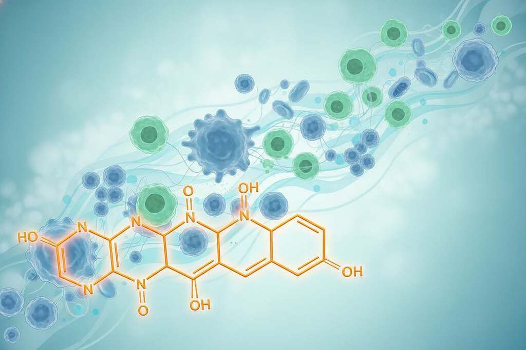 A vibrant, scientific representation of quercetin's role in inflammation suppression and immune balance. In the foreground, illustrate a molecular structure of quercetin, detailed with bright orange and yellow hues to symbolize its antioxidant properties. In the middle ground, depict a dynamic, abstract illustration of immune cells—like macrophages, T-cells, and B-cells—interacting harmoniously, with soft blue and green tones representing balance and health. The background should transition to a calming gradient of light teal, suggesting a soothing environment, with delicate curves mimicking blood vessels. Use soft, diffuse lighting to create a mood of tranquility and vitality, as if highlighting the protective nature of quercetin. The perspective should be slightly elevated, allowing a comprehensive view of the molecular interactions. A vibrant, scientific representation of quercetin's role in inflammation suppression and immune balance. In the foreground, illustrate a molecular structure of quercetin, detailed with bright orange and yellow hues to symbolize its antioxidant properties. In the middle ground, depict a dynamic, abstract illustration of immune cells—like macrophages, T-cells, and B-cells—interacting harmoniously, with soft blue and green tones representing balance and health. The background should transition to a calming gradient of light teal, suggesting a soothing environment, with delicate curves mimicking blood vessels. Use soft, diffuse lighting to create a mood of tranquility and vitality, as if highlighting the protective nature of quercetin. The perspective should be slightly elevated, allowing a comprehensive view of the molecular interactions.