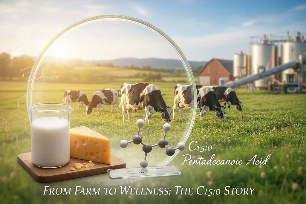 A visually appealing and educational composition featuring a laboratory setting, where the focus is on pentadecanoic acid (C15:0) as found in dairy products and ruminant fats. In the foreground, display a close-up view of liquid milk and solid cheese, with molecular structures and chemical formulas subtly integrated into the background. The middle ground should include a representation of cows grazing in a lush green pasture to symbolize the source of C15:0, captured in warm, natural light that creates a serene and informative atmosphere. In the background, softly blurred dairy farm equipment can hint at the production process. Use a soft lens effect to enhance the warmth and clarity of the image, evoking a sense of connection between the source and the benefits of pentadecanoic acid for health and longevity.