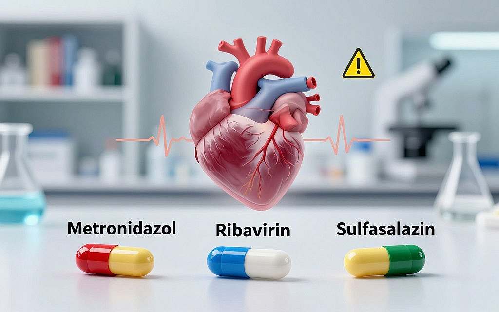 A visually compelling scientific depiction of Metronidazol, Ribavirin, and Sulfasalazin, surrounded by elements symbolizing their potential cardiac risks. In the foreground, three colorful capsules representing each drug, carefully positioned on a clean, clinical surface. In the middle ground, a stylized heart graphic, subtly incorporating ECG lines and warning symbols, illustrating the connection to myocarditis and pericarditis. The background features a soft-focus laboratory with shelves of medical books and various medical instruments, bathed in soft, diffused lighting to create a serious atmosphere. The image should evoke a sense of professionalism and urgency, emphasizing the impact of these medications on cardiac health, while maintaining a clean and organized aesthetic. A visually compelling scientific depiction of Metronidazol, Ribavirin, and Sulfasalazin, surrounded by elements symbolizing their potential cardiac risks. In the foreground, three colorful capsules representing each drug, carefully positioned on a clean, clinical surface. In the middle ground, a stylized heart graphic, subtly incorporating ECG lines and warning symbols, illustrating the connection to myocarditis and pericarditis. The background features a soft-focus laboratory with shelves of medical books and various medical instruments, bathed in soft, diffused lighting to create a serious atmosphere. The image should evoke a sense of professionalism and urgency, emphasizing the impact of these medications on cardiac health, while maintaining a clean and organized aesthetic.