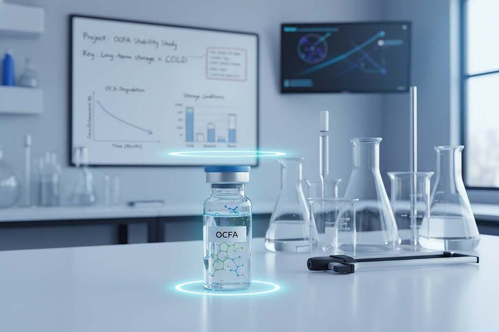 A visually engaging scientific illustration focusing on the stability and storage aspects of OCFA (Odd-Chain Fatty Acids). In the foreground, showcase a glass vial filled with a clear liquid, representing OCFA, with detailed molecular structures subtly visible within the liquid. In the middle, include a background of laboratory equipment, such as beakers and pipettes, alongside scientific notes and charts illustrating stability data. The background should be softly blurred to maintain focus on the vial, bathed in soft, cool lighting to evoke a clean and professional atmosphere. The image conveys a sense of precision and innovation, suitable for a scientific publication.