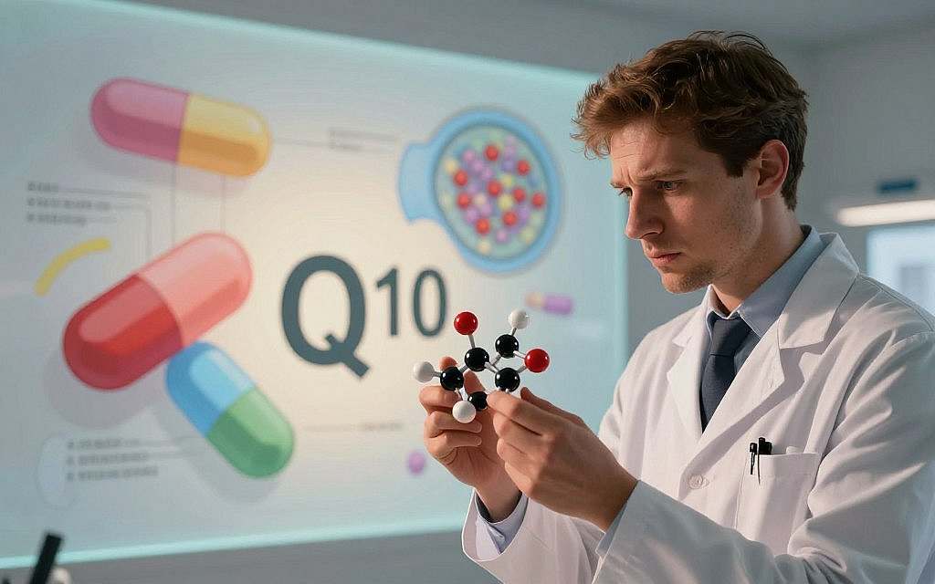 A visually striking and informative representation of Coenzyme Q10 and the effects of statins on cellular energy. In the foreground, a European male scientist in a white lab coat is examining a molecular model of Coenzyme Q10, showing deep concentration and curiosity. The middle ground features large, stylized illustrations of statins, depicted as pills with vibrant colors, subtly representing their impact on energy metabolism. In the background, a faint diagram of an energy-producing cell structure adds depth, with soft lighting highlighting the features. The atmosphere is one of scientific discovery and concern, with a warm, ambient glow casting gentle shadows. The image captures the tension between statins and energy production, without any text or distractions. A visually striking and informative representation of Coenzyme Q10 and the effects of statins on cellular energy. In the foreground, a European male scientist in a white lab coat is examining a molecular model of Coenzyme Q10, showing deep concentration and curiosity. The middle ground features large, stylized illustrations of statins, depicted as pills with vibrant colors, subtly representing their impact on energy metabolism. In the background, a faint diagram of an energy-producing cell structure adds depth, with soft lighting highlighting the features. The atmosphere is one of scientific discovery and concern, with a warm, ambient glow casting gentle shadows. The image captures the tension between statins and energy production, without any text or distractions.