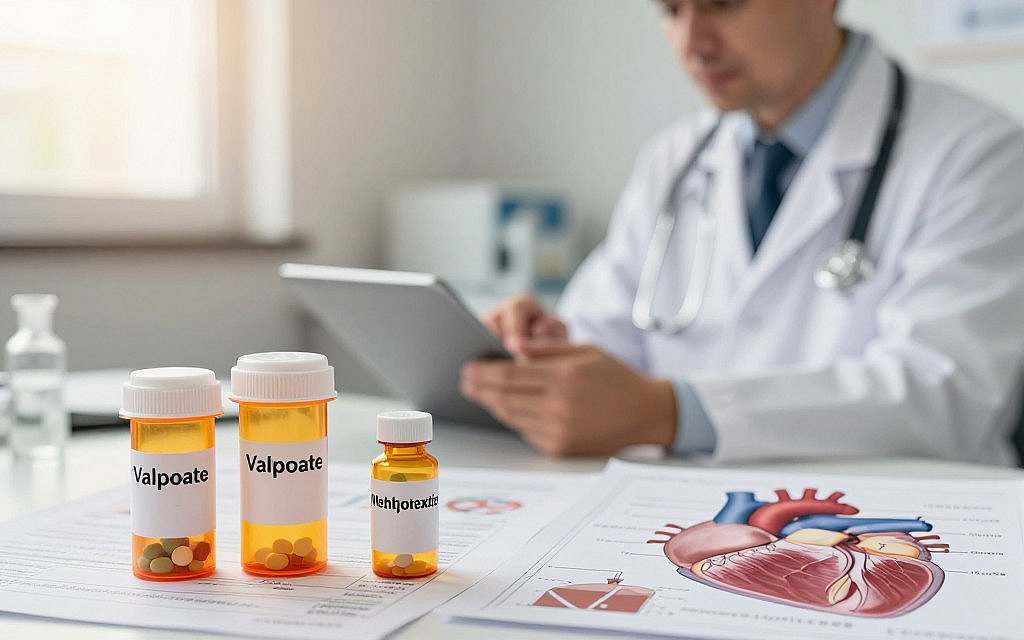 A visually striking composition illustrating the role of Valproate and Methotrexate in the treatment of Pericarditis. In the foreground, feature a well-organized table with prescription bottles of Valproate and Methotrexate, surrounded by medical charts and diagrams of the heart’s anatomy, depicted in soft focus. In the middle ground, show a healthcare professional, a Caucasian male in a white lab coat, attentively analyzing data on a digital tablet, illuminated by warm, soft lighting to create an inviting atmosphere. In the background, subtly depict a clinical environment, hinting at medical equipment and a soothing color palette. The overall mood should convey professionalism and hopefulness, emphasizing the importance of these medications in managing Pericarditis. A visually striking composition illustrating the role of Valproate and Methotrexate in the treatment of Pericarditis. In the foreground, feature a well-organized table with prescription bottles of Valproate and Methotrexate, surrounded by medical charts and diagrams of the heart’s anatomy, depicted in soft focus. In the middle ground, show a healthcare professional, a Caucasian male in a white lab coat, attentively analyzing data on a digital tablet, illuminated by warm, soft lighting to create an inviting atmosphere. In the background, subtly depict a clinical environment, hinting at medical equipment and a soothing color palette. The overall mood should convey professionalism and hopefulness, emphasizing the importance of these medications in managing Pericarditis.