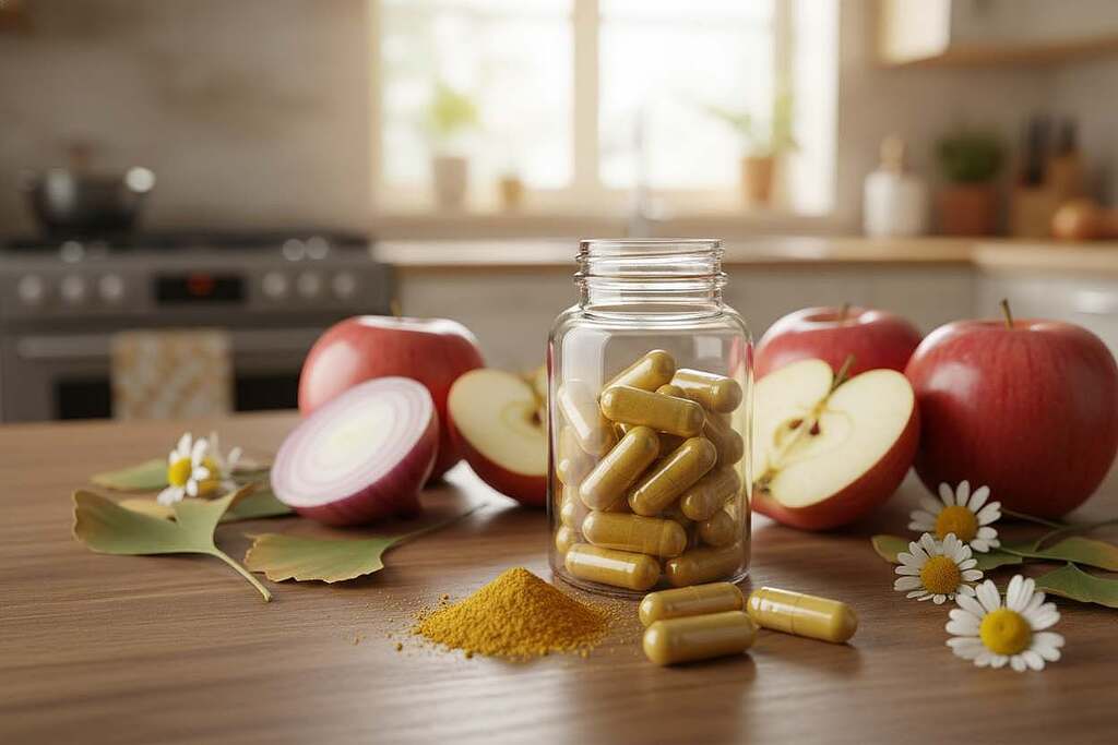 A visually striking composition showcasing the optimization of quercetin bioavailability through capsules. In the foreground, a clear, glossy bottle filled with vibrant capsules, reflecting light. Beside it, a few open capsules, revealing a golden powder. In the middle ground, a wooden table with scattered quercetin-rich fruits, like apples and red onions, and herbal elements, symbolizing natural sources. The background features a softly blurred kitchen setting with warm, inviting lighting, creating a cozy atmosphere. The focus is on the capsules and fruits, enhancing their textures and colors. The scene conveys a sense of health, vitality, and practical dietary solutions, with a bright, well-lit composition that invites the viewer to explore the subject further. A visually striking composition showcasing the optimization of quercetin bioavailability through capsules. In the foreground, a clear, glossy bottle filled with vibrant capsules, reflecting light. Beside it, a few open capsules, revealing a golden powder. In the middle ground, a wooden table with scattered quercetin-rich fruits, like apples and red onions, and herbal elements, symbolizing natural sources. The background features a softly blurred kitchen setting with warm, inviting lighting, creating a cozy atmosphere. The focus is on the capsules and fruits, enhancing their textures and colors. The scene conveys a sense of health, vitality, and practical dietary solutions, with a bright, well-lit composition that invites the viewer to explore the subject further.