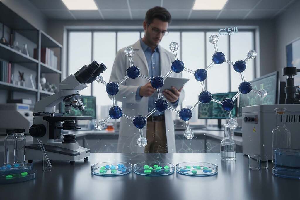 A visually striking representation of pentadecanoic acid (C15:0) in a laboratory setting, featuring molecular structures prominently in the foreground. Include a microscope and petri dishes with cultured cells to signify cellular health and research. In the middle ground, show an academic researcher in professional attire, analyzing data on a tablet while surrounded by scientific instruments. The background should depict a modern laboratory with soft, focused lighting to enhance the atmosphere of innovation and exploration. Use a shallow depth of field to draw attention to the molecular details and the researcher, evoking a sense of inquiry and the ongoing debate in the scientific community about C15 and its implications for health and longevity.