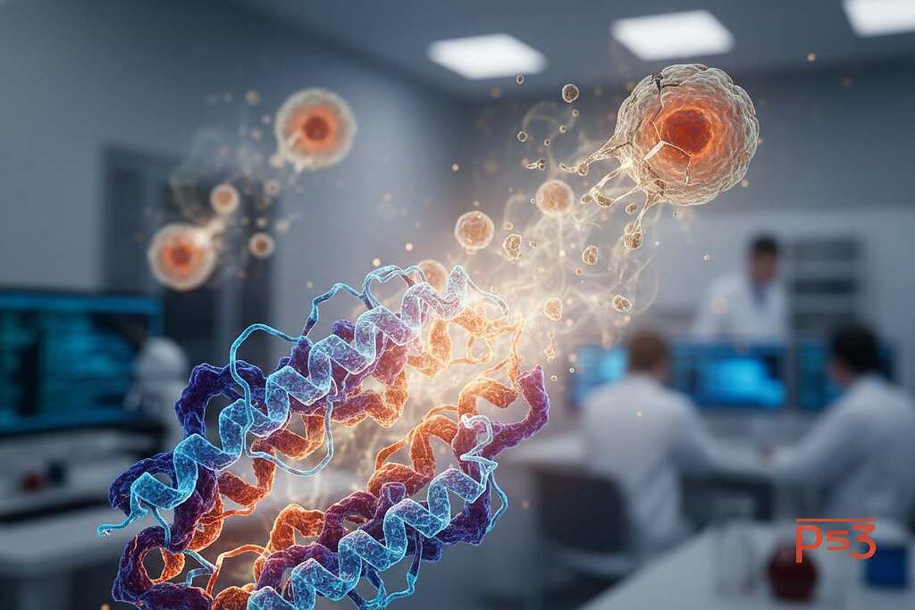 A visually striking representation of programmed cell death, focusing on the p53 gene's role in apoptosis. In the foreground, a close-up of a vibrant 3D molecular structure of the p53 protein, with detailed textures and colors, displays its intricate patterns. In the middle ground, depict cellular structures undergoing apoptosis, with cells visibly disassembling and fading, surrounded by a gently glowing aura symbolizing energy release. The background should feature a softly blurred view of a biological laboratory, emphasizing advanced research on cancer. Use dramatic yet soft lighting to create an ethereal atmosphere, with a focus on the molecular and cellular detail. The image should convey a sense of complexity and hope, inviting viewers into the world of genetic science.