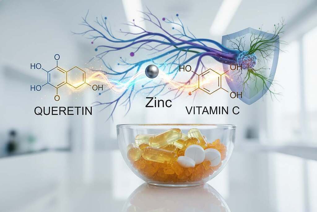 A visually striking representation of the synergy between Quercetin, Zinc, and Vitamin C within a vibrant redox system. In the foreground, a sleek, transparent bowl filled with natural supplements featuring Quercetin capsules, Zinc tablets, and bright orange Vitamin C crystals, glimmering under soft, diffused lighting. The middle layer showcases molecular structures of these compounds interlinked with glowing lines, signifying their interaction and combined efficacy. In the background, an abstract representation of the immune system and vascular pathways in soft blues and greens, creating an atmosphere of health and vitality. The setting is bright and clinical, evoking a sense of scientific discovery and innovation. The angle captures a dynamic view, emphasizing the interconnectedness of these elements. A visually striking representation of the synergy between Quercetin, Zinc, and Vitamin C within a vibrant redox system. In the foreground, a sleek, transparent bowl filled with natural supplements featuring Quercetin capsules, Zinc tablets, and bright orange Vitamin C crystals, glimmering under soft, diffused lighting. The middle layer showcases molecular structures of these compounds interlinked with glowing lines, signifying their interaction and combined efficacy. In the background, an abstract representation of the immune system and vascular pathways in soft blues and greens, creating an atmosphere of health and vitality. The setting is bright and clinical, evoking a sense of scientific discovery and innovation. The angle captures a dynamic view, emphasizing the interconnectedness of these elements.