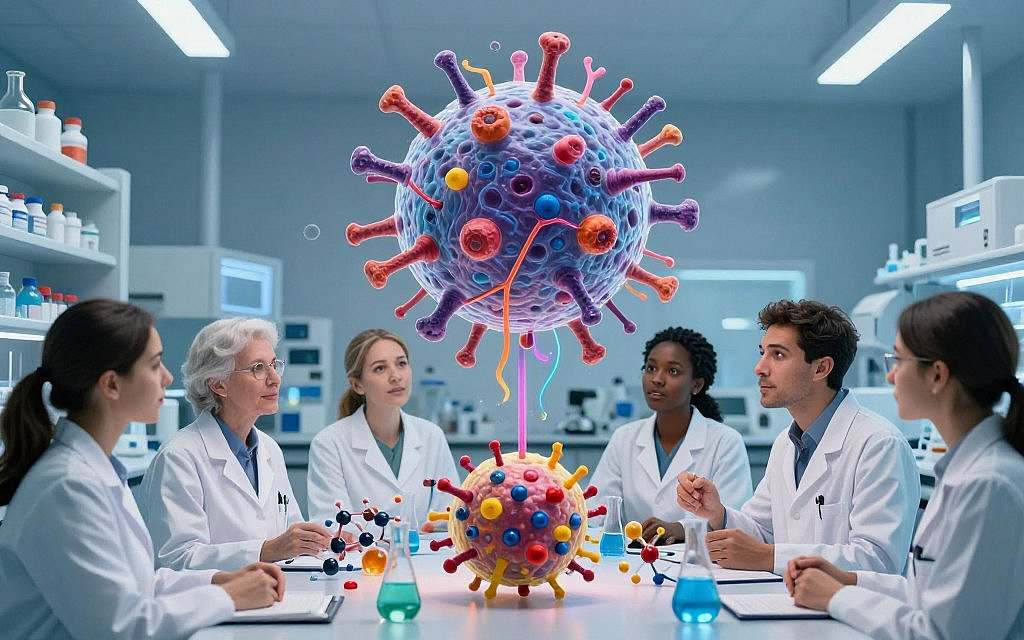 A visually striking scientific illustration depicting the concept of immune checkpoint inhibitors in cancer therapy. In the foreground, a diverse group of scientists, primarily of European descent, dressed in professional lab coats, are engaged in animated discussions while analyzing complex molecular models of checkpoint inhibitors. The middle layer features a detailed, semi-transparent 3D rendering of a cancer cell with immune pathways highlighted, showcasing the interaction with these inhibitors. The background contains a modern laboratory setting with shelves filled with pharmaceutical compounds and high-tech equipment, illuminated by soft, focused lighting to create an atmosphere of innovation and urgency. The overall mood is one of excitement and discovery, emphasizing the revolutionary aspect of this therapy along with the associated cardiac risks. A visually striking scientific illustration depicting the concept of immune checkpoint inhibitors in cancer therapy. In the foreground, a diverse group of scientists, primarily of European descent, dressed in professional lab coats, are engaged in animated discussions while analyzing complex molecular models of checkpoint inhibitors. The middle layer features a detailed, semi-transparent 3D rendering of a cancer cell with immune pathways highlighted, showcasing the interaction with these inhibitors. The background contains a modern laboratory setting with shelves filled with pharmaceutical compounds and high-tech equipment, illuminated by soft, focused lighting to create an atmosphere of innovation and urgency. The overall mood is one of excitement and discovery, emphasizing the revolutionary aspect of this therapy along with the associated cardiac risks.