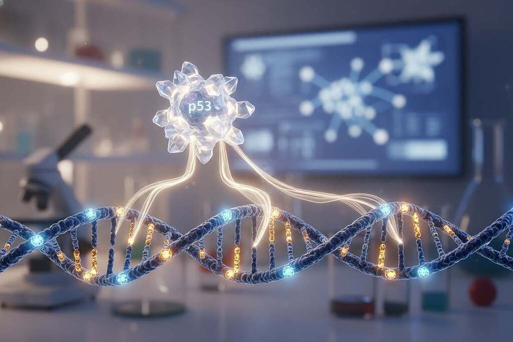 A visually striking scientific illustration showcasing the concept of "Genomic Stability and p53". In the foreground, depict a vibrant double helix of DNA, intricately detailed, with glowing nodes representing mutations being repaired, symbolizing the role of p53. In the middle ground, render a stylized representation of the p53 protein, visually connecting with the DNA and emitting a subtle light, indicating its protective function against mutations. The background should feature a soft-focus of a laboratory setting, with subtle hints of scientific tools and a digital screen displaying molecular structures, enhancing the research atmosphere. Use soft, diffused lighting to create a sense of hope and vitality, evoking a mood of scientific discovery and resilience. Aim for a balanced composition that emphasizes the central ideas without distractions.