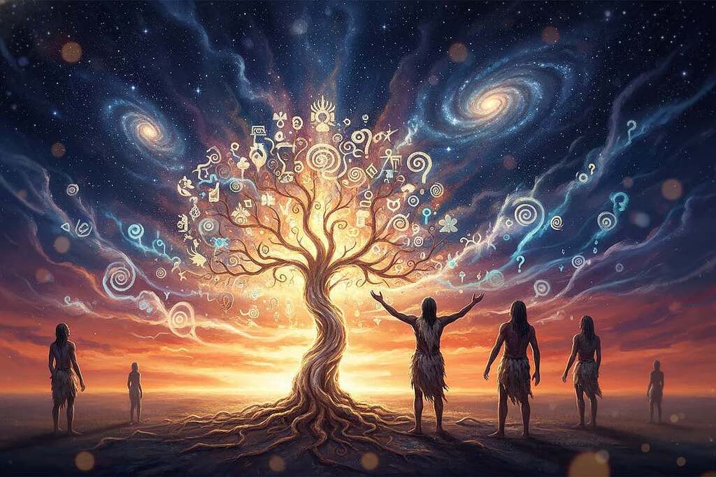 An abstract representation of the emergence of the concept of God within the context of evolution. In the foreground, a glowing tree of life with intricate branches symbolizing diverse beliefs, gently illuminated by soft, golden light. In the middle ground, silhouettes of early humans, dressed in simple, modest clothing, gazing upward with expressions of wonder and contemplation, surrounded by ethereal energies representing thoughts and ideas. The background features a cosmic scene with stars and galaxies that gradually transition into the vibrant colors of a sunrise, symbolizing awakening and understanding. The overall mood is introspective and mystical, evoking a sense of connection between humanity and the universe. Soft bokeh effects enhance the dreamlike quality of the image.