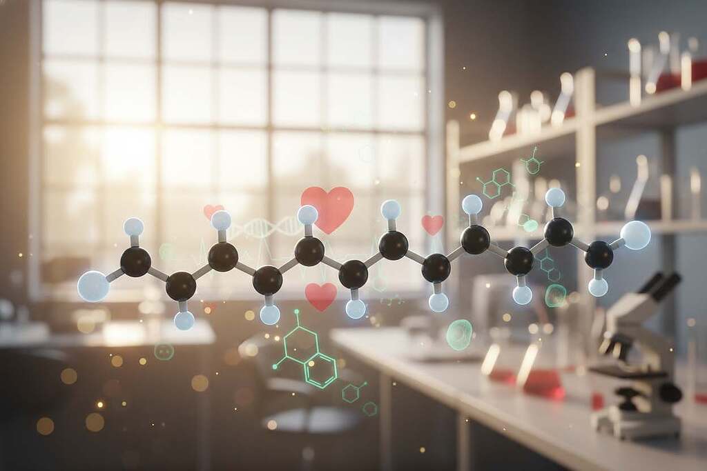 In a scientifically-inspired setting, depict a molecular structure of pentadecanoic acid (C15) prominently in the foreground, with intricate details showcasing its carbon chains and bonds. In the middle ground, include abstract representations of human health, featuring symbolic elements like heart motifs and glucose molecules to illustrate cardiometabolic health and Type 2 diabetes. The background should feature a soft-focus laboratory environment bathed in natural light, adding a sense of warmth and innovation. Use a shallow depth of field to create a soft bokeh effect, highlighting the molecular structure while keeping the background engaging but unobtrusive. The overall mood should be optimistic and enlightening, emphasizing the potential benefits of pentadecanoic acid on cellular health and longevity.