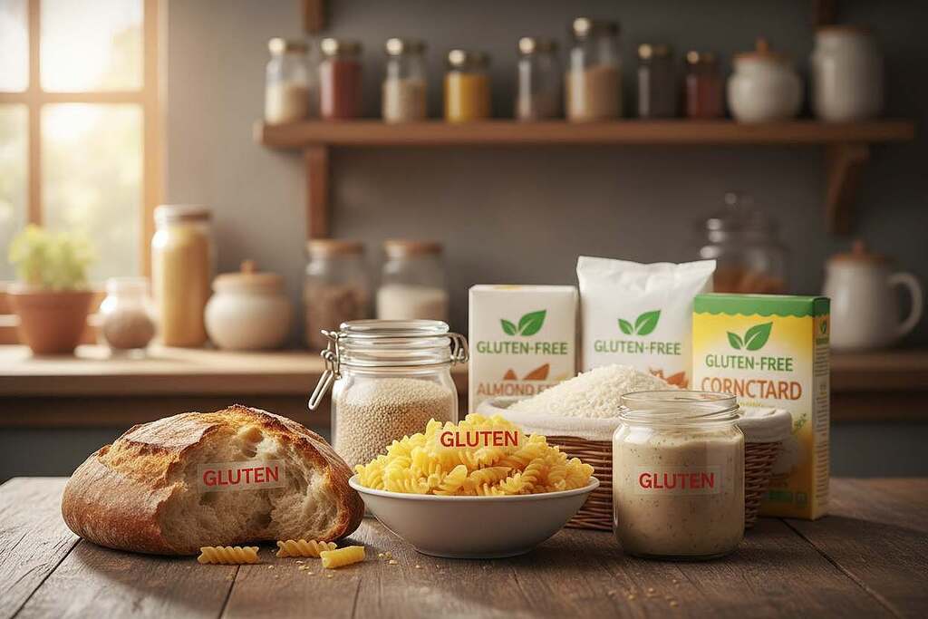 A close-up composition revealing hidden sources of gluten in various everyday foods. In the foreground, showcase items like a loaf of bread, pasta, and sauces, artfully arranged on a wooden kitchen table. The middle layer includes an array of gluten-free alternative products, such as rice, quinoa, and gluten-free flours. In the background, hint at a cozy kitchen atmosphere with softly blurred shelves filled with spices and jars, creating an inviting yet educational mood. Use warm, natural lighting to highlight textures and colors of the foods, and a shallow depth of field to draw focus to the gluten-containing items. Position the camera at a slight angle to create a dynamic perspective that emphasizes the contrast between gluten and gluten-free options, evoking a sense of awareness and caution. A close-up composition revealing hidden sources of gluten in various everyday foods. In the foreground, showcase items like a loaf of bread, pasta, and sauces, artfully arranged on a wooden kitchen table. The middle layer includes an array of gluten-free alternative products, such as rice, quinoa, and gluten-free flours. In the background, hint at a cozy kitchen atmosphere with softly blurred shelves filled with spices and jars, creating an inviting yet educational mood. Use warm, natural lighting to highlight textures and colors of the foods, and a shallow depth of field to draw focus to the gluten-containing items. Position the camera at a slight angle to create a dynamic perspective that emphasizes the contrast between gluten and gluten-free options, evoking a sense of awareness and caution.