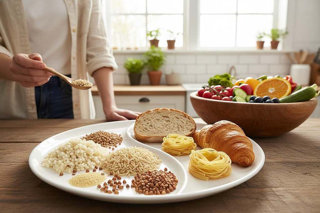 A close-up depiction of a plate divided into two sections: one side showcasing various gluten-free grains like quinoa, rice, and buckwheat; the other side featuring wheat products like bread, pasta, and pastries. In the background, a soft-focus kitchen setting filled with natural light, emphasizing a warm and inviting atmosphere. On a wooden table beside the plate, a bowl of fresh vegetables and fruits creates a vivid contrast against the grain products. Discreetly, a professional-looking person in modest casual clothing, thoughtfully examining the gluten-free grains. Use bright, natural lighting to highlight the textures of the foods, and a shallow depth of field to create a soft blur background, drawing focus on the plate. The mood is educational and informative, inviting viewers to learn about gluten sensitivity and wheat allergy differences. A close-up depiction of a plate divided into two sections: one side showcasing various gluten-free grains like quinoa, rice, and buckwheat; the other side featuring wheat products like bread, pasta, and pastries. In the background, a soft-focus kitchen setting filled with natural light, emphasizing a warm and inviting atmosphere. On a wooden table beside the plate, a bowl of fresh vegetables and fruits creates a vivid contrast against the grain products. Discreetly, a professional-looking person in modest casual clothing, thoughtfully examining the gluten-free grains. Use bright, natural lighting to highlight the textures of the foods, and a shallow depth of field to create a soft blur background, drawing focus on the plate. The mood is educational and informative, inviting viewers to learn about gluten sensitivity and wheat allergy differences.
