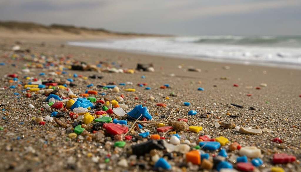 A close-up view of microplastics on a sandy beach, showcasing tiny, colorful particles amidst grains of sand. In the foreground, focus on the vividly colored microplastic debris, highlighting their diverse shapes and sizes—small fragments, beads, and fibers glistening under sunlight. The middle ground features a blurred silhouette of a stark, lifeless shoreline, symbolizing environmental impact, while subtle waves lap at the edge, adding motion. In the background, hints of a polluted sky convey a sense of unease. Utilize soft, natural lighting to emphasize the textures of the plastic, creating a stark contrast against the earth tones of the sand. The overall atmosphere should evoke concern and contemplation about the long-term effects of microplastics on our environment.