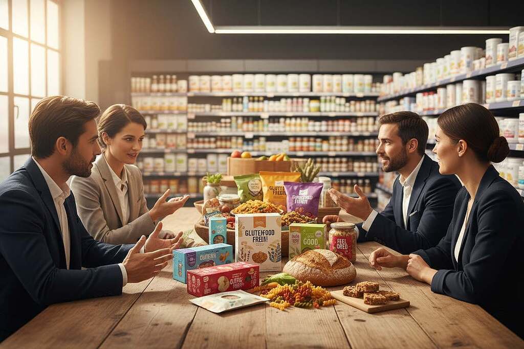 A creative and visually striking depiction of "Gluten-Hype und Marketing." In the foreground, a diverse group of professionally dressed individuals (two men and two women) are engaged in a dynamic discussion, gesturing towards colorful, eye-catching gluten-free product packaging strewn across a rustic wooden table. In the middle ground, an array of gluten-free foods like bread, pasta, and snacks are artfully arranged, highlighting their vibrant colors and textures. In the background, a blurred supermarket shelf filled with a variety of health products enhances the context of marketing. Warm, natural lighting streams in from a large window, creating a bright and inviting atmosphere. The overall mood is one of curiosity and exploration, inviting viewers to consider the intersection of health and marketing in the gluten-free trend. A creative and visually striking depiction of "Gluten-Hype und Marketing." In the foreground, a diverse group of professionally dressed individuals (two men and two women) are engaged in a dynamic discussion, gesturing towards colorful, eye-catching gluten-free product packaging strewn across a rustic wooden table. In the middle ground, an array of gluten-free foods like bread, pasta, and snacks are artfully arranged, highlighting their vibrant colors and textures. In the background, a blurred supermarket shelf filled with a variety of health products enhances the context of marketing. Warm, natural lighting streams in from a large window, creating a bright and inviting atmosphere. The overall mood is one of curiosity and exploration, inviting viewers to consider the intersection of health and marketing in the gluten-free trend.