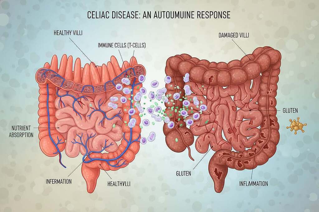 A detailed illustration of celiac disease as an autoimmune disorder. In the foreground, show a healthy human intestine on one side, vibrant and well-functioning, contrasting with an inflamed, damaged intestine on the other side, highlighting the destructive effect of celiac disease. In the middle ground, represent immunological cells attacking the damaged intestine, depicted vividly in action. The background should feature a soft, neutral color palette to maintain focus on the intestines, with subtle textures to symbolize the complexity of the immune response. Use bright, natural lighting to give a clinical yet enlightening atmosphere. Capture from a dynamic angle, perhaps a slight overhead view, to provide depth and intrigue without making the scene cluttered. Aim for a calm and educational mood. A detailed illustration of celiac disease as an autoimmune disorder. In the foreground, show a healthy human intestine on one side, vibrant and well-functioning, contrasting with an inflamed, damaged intestine on the other side, highlighting the destructive effect of celiac disease. In the middle ground, represent immunological cells attacking the damaged intestine, depicted vividly in action. The background should feature a soft, neutral color palette to maintain focus on the intestines, with subtle textures to symbolize the complexity of the immune response. Use bright, natural lighting to give a clinical yet enlightening atmosphere. Capture from a dynamic angle, perhaps a slight overhead view, to provide depth and intrigue without making the scene cluttered. Aim for a calm and educational mood.