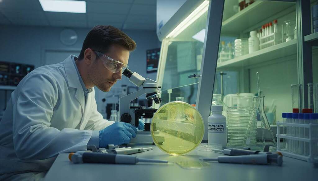 A detailed laboratory scene showcasing cell contamination in a cell culture setup. In the foreground, a scientist in a white lab coat glances at a microscope, illuminated by soft overhead lighting. The middle ground features a petri dish with visibly cloudy and contaminated media, surrounded by pipettes and labware, emphasizing scientific analysis. In the background, a clean but busy lab environment with shelves of test tubes and equipment provides context. A glow from a biochemical safety hood highlights the importance of sterile conditions. The atmosphere conveys urgency and the necessity for preventive antibiotics, using a color palette of clinical whites and greens, creating a sense of professionalism and caution.